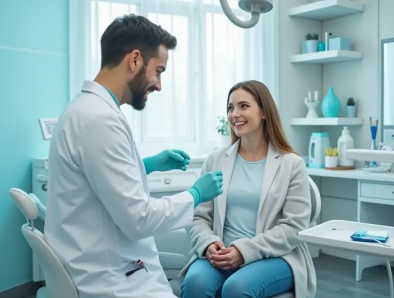 دندانپزشک در حال صحبت با بیمار خانم در مطب دندانپزشکی